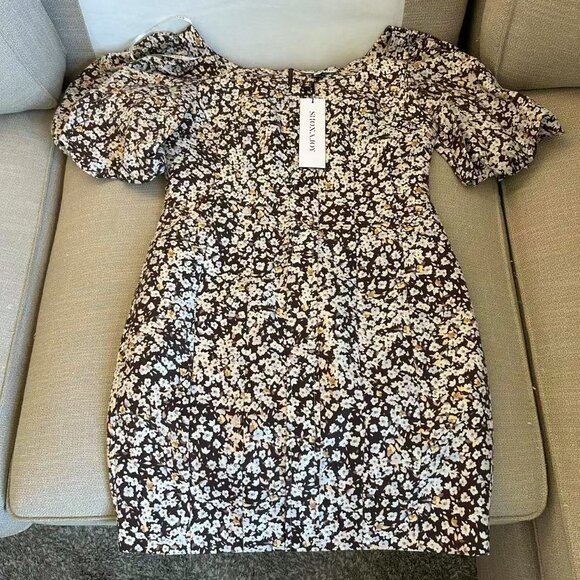 NWT Shona Joy Dahlia OTS Fitted Mini Dress Floral Size8 Brown Cocktail Linen - Picture 4 of 12